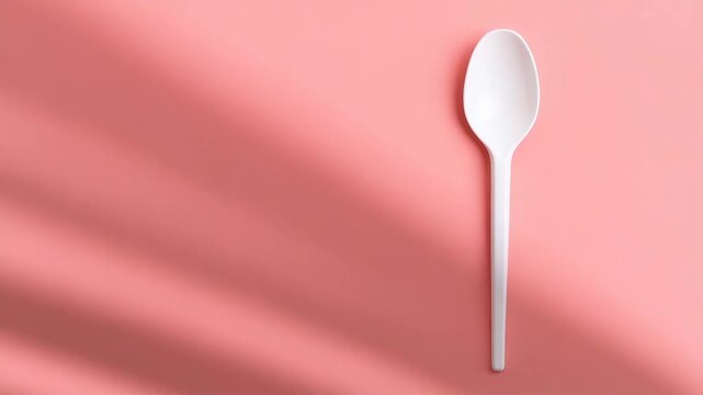 Close-up of a smooth white plastic spoon on a soft pink background with dynamic shadows shifting subtly across the surface showcasing minimalistic design and tranquil aesthetics throughout the clip