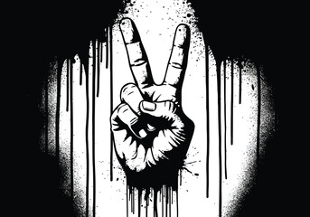Vector illustration of black and white grunge illustration of a hand making the peace or victory sign with dripping paint effect against a dark background