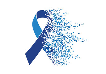 Vector illustration of blue awareness ribbon dissolving into small particles symbolizing loss, grief, or a medical condition