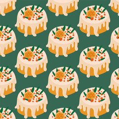Seamless winter pattern with cute Christmas cakes and juicy orange slices. Hand drawn vector design.