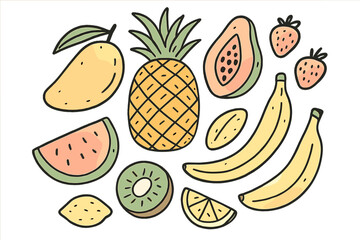 Hand drawn tropical and summer fruits collection with watercolor texture