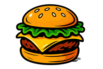 Cartoon cheeseburger with sesame bun, lettuce, and cheese isolated on white