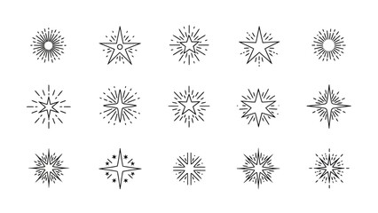 Vector illustration of collection of various handdrawn starburst and sparkle icons, simple line art design