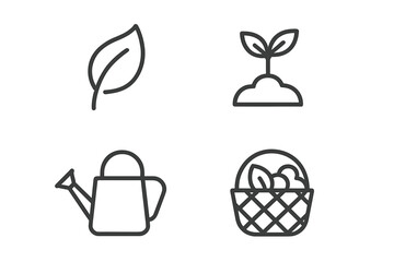 Minimalist line icons set for gardening, nature, and organic farming concepts including leaf, seedling, watering can, and harvest basket