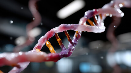 This image showcases a vibrant and abstract representation of a DNA helix, symbolizing the essence of life, genetic discovery, and advanced scientific exploration in a modern setting.