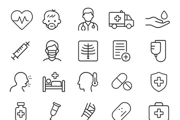 Minimalist symbols for medical treatment, emergency care, and patient health concepts