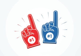 Vector illustration of two foam fingers, one red and one blue, both showing the number one sign, symbolizing competition and victory