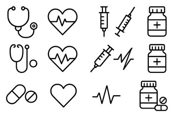 Essential medical and healthcare symbols featuring stethoscope, heart, syringe, and medicine bottles