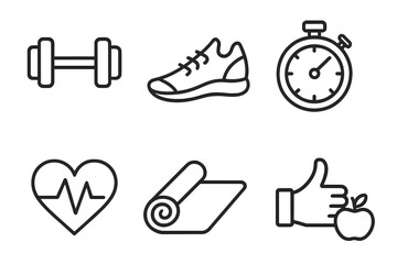 Outline graphics showing fitness, gym equipment, exercise, health, and wellness activities