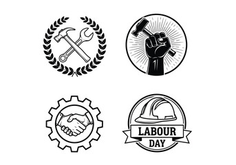 Vector illustration of set of four black and white labor day icons including crossed hammer and wrench, raised fist with hammer, handshake in gear, and hard hat emblem