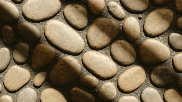 Textured close-up of smooth rounded pebbles varying in shades of brown and gray arranged on a dark surface illuminated by soft light with subtle shadows highlighting the organic shapes.