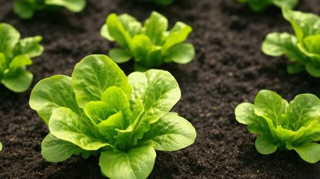 Close-up view of vibrant green lettuce plants growing healthy in rich brown soil showcasing their texture and leaf structure at different growth stages in a well-lit outdoor garden environment