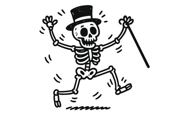 Obraz premium Playful cartoon skeleton wearing a top hat and dancing energetically with a walking cane