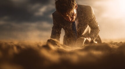 A Determined Individual in a Suit Struggling Against a Harsh Environment, Gritting Through Dust and Challenges for Success