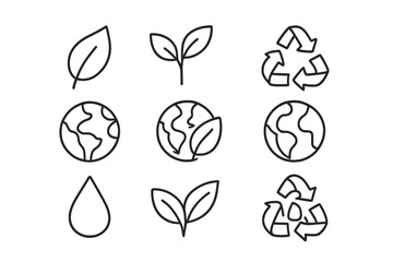 Ecology and environment line icons set with leaves, Earth globe, recycling symbol, and water drop