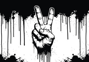 Vector illustration of black and white grunge illustration of a hand making the peace sign with dripping paint effect