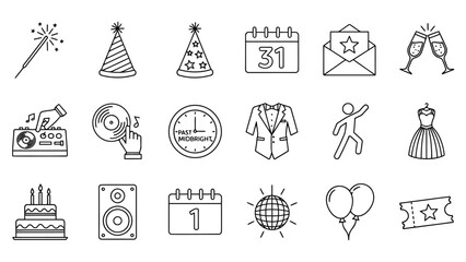 Vector illustration of set of hand drawn doodle icons representing new year party celebration elements like sparkler, hat, calendar, champagne, clock, and cake