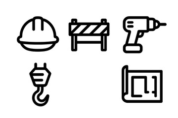 Set of outline symbols for construction safety, tools, and engineering planning