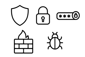 Digital security and data protection outline icons set including firewall, password, and malware