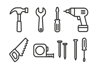 Essential construction and repair tools set including hammer, wrench, saw, drill, and tape measure icons