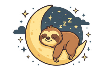 Obraz premium Cute cartoon sloth sleeping soundly on a bright yellow crescent moon under a dark starry night