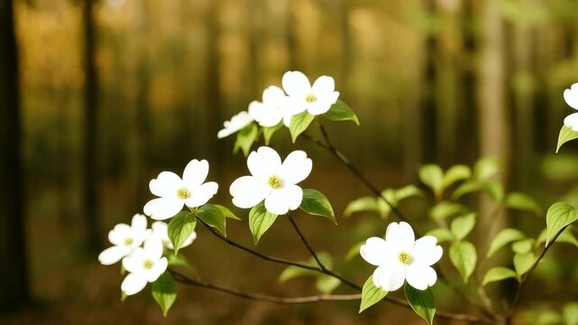 Close-up of white dogwood flowers blooming on a slender branch with vibrant green leaves in a tranquil forest setting illuminated by soft natural light during daytime with blurred trees in the