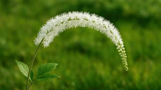Close-up of delicate white flowering plant with curved blooms against a soft green grassy background captured in natural light showcasing intricate textures and details throughout the video