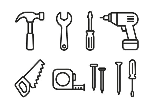 Essential construction and repair tools set including hammer, wrench, saw, drill, and tape measure icons