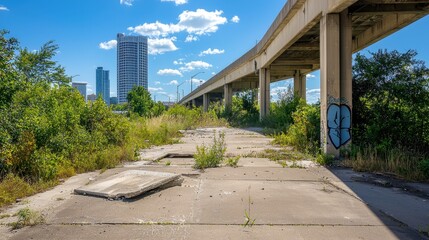 Abandoned Urban Area with Overgrown Vegetation and Concrete Pathway