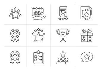 Vector illustration of collection of line icon set representing rating, review, award, achievement, quality, feedback, and customer satisfaction concept