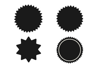 Four black starburst shapes and seals for badges, labels, or promotional stickers