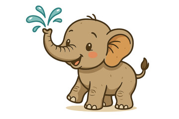 Adorable baby elephant calf happily spraying a jet of water from its raised trunk