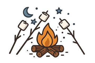 Cozy campfire scene with marshmallows roasting under crescent moon and stars