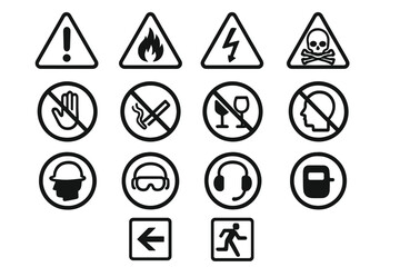 Set of hazard warning, prohibition, and mandatory personal protective equipment icons
