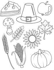 Thanksgiving harvest line art icons for kids