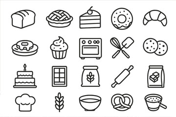 Minimalist black outline set of desserts, bread, baking tools, and kitchen equipment