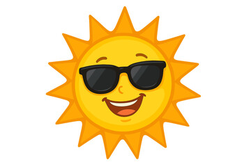 Happy cartoon sun character wearing cool black sunglasses smiling brightly