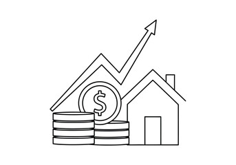 Vector illustration of outline drawing of a house, stack of coin with dollar sign, and an upward trending line graph symbolizing real estate investment growth