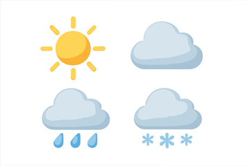 Volumetric weather icons set for sunny, cloudy, rainy, and snowy conditions