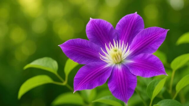 Vibrant purple clematis flower blooming with lush green leaves in soft natural light showcasing rich colors and textures captured in close-up from various angles throughout the video.