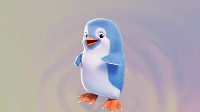 A charming, cartoon penguin with blue plumage and outstretched wing, smiling sweetly