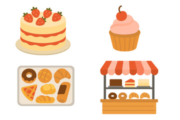 Assorted sweet desserts and baked goods including strawberry cake, frosted cupcake, and bakery stall