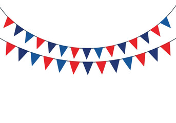Vector illustration of two strings of red and blue triangular pennant flags hanging against a for celebration or party decoration