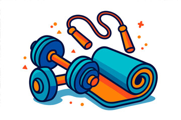 Colorful fitness equipment set with dumbbells, jump rope, and rolled exercise mat