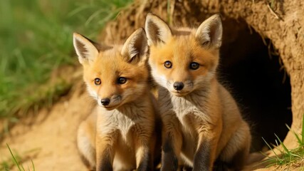 Close-up of two playful red fox cubs sitting near their burrow in a lush green meadow with soft natural light illuminating their fur and highlighting their inquisitive expressions.