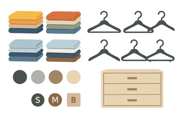 Folded textiles, clothing hangers, and chest of drawers for home organization