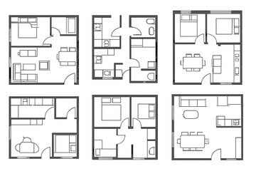 Six diverse residential floor plans showing interior room layouts and furniture placement