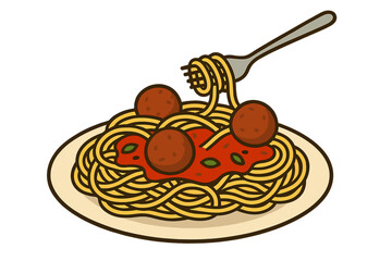 Fork lifting spaghetti and meatballs covered in rich tomato sauce and basil