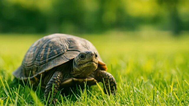 Close-up of tortoise moving slowly across green grass in a sunny outdoor meadow showcasing detailed shell texture and vibrant greenery filmed with soft natural daylight and clear composition