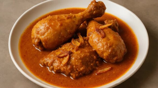 Juicy golden-brown chicken drumsticks simmering in rich savory sauce featuring delicate fried shallots presented on a white ceramic plate against a muted gray backdrop inviting close-up view.